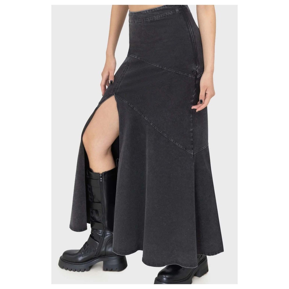 Killstar Dark ages Black Acid Wash Paneled Denim Maxi Skirt with High Slit